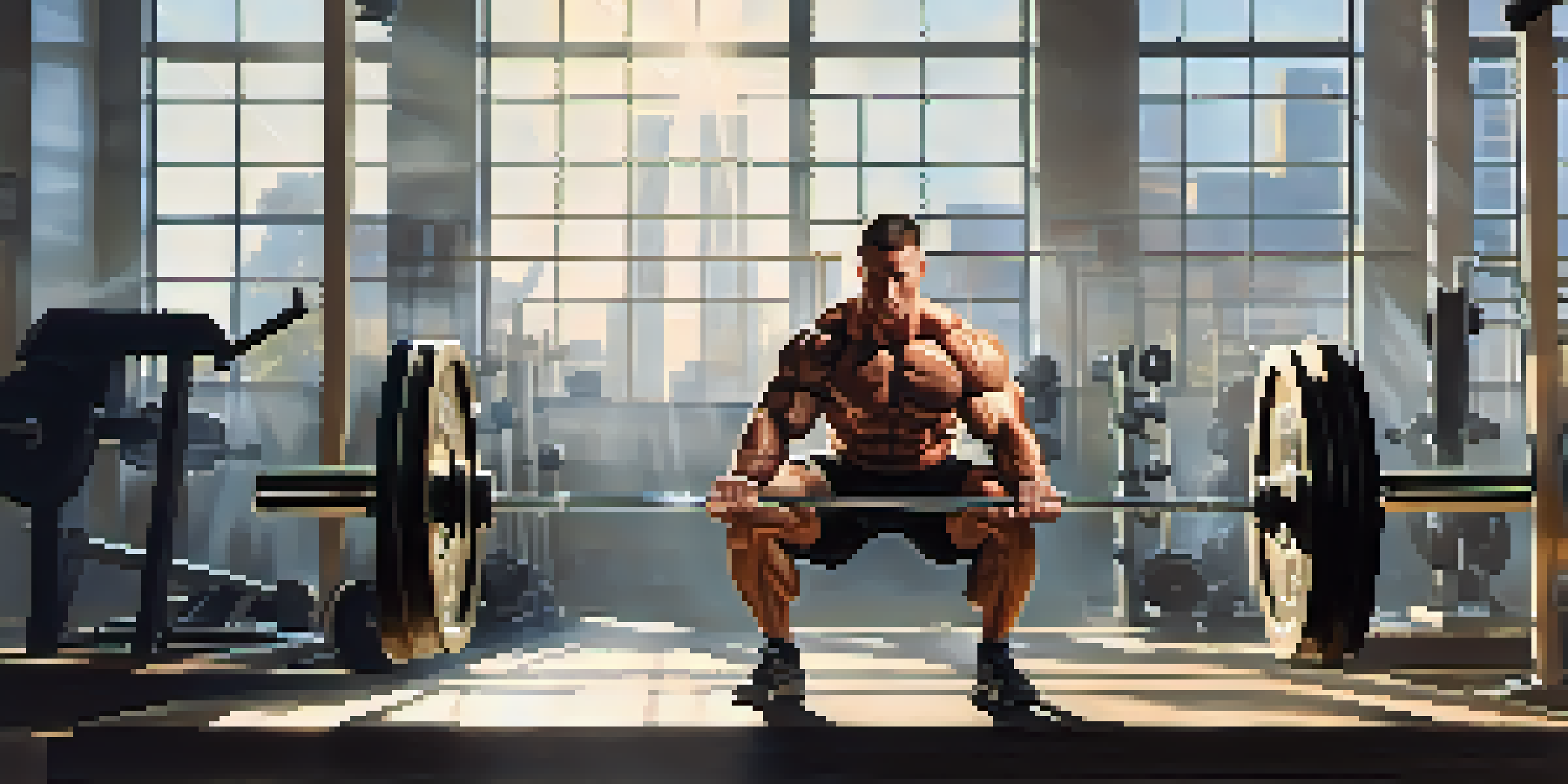 A bodybuilder lifting weights in a bright gym, displaying strong muscles and a determined expression.