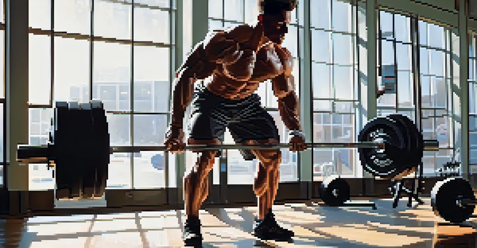 A bodybuilder lifting weights in a modern gym with sunlight streaming through windows.