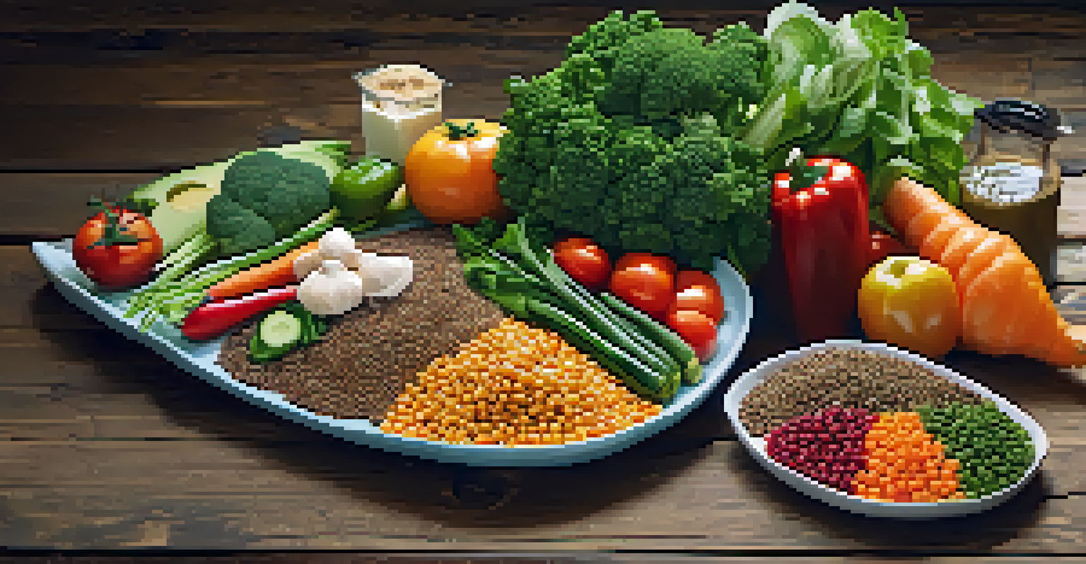 A close-up of a plate filled with seasonal vegetables, lentils, and quinoa on a rustic wooden table, highlighting sustainable nutrition.