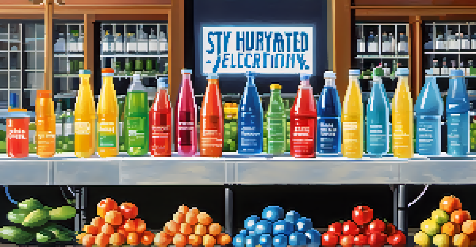 A hydration station featuring various drinks and fresh produce, promoting health and wellness.