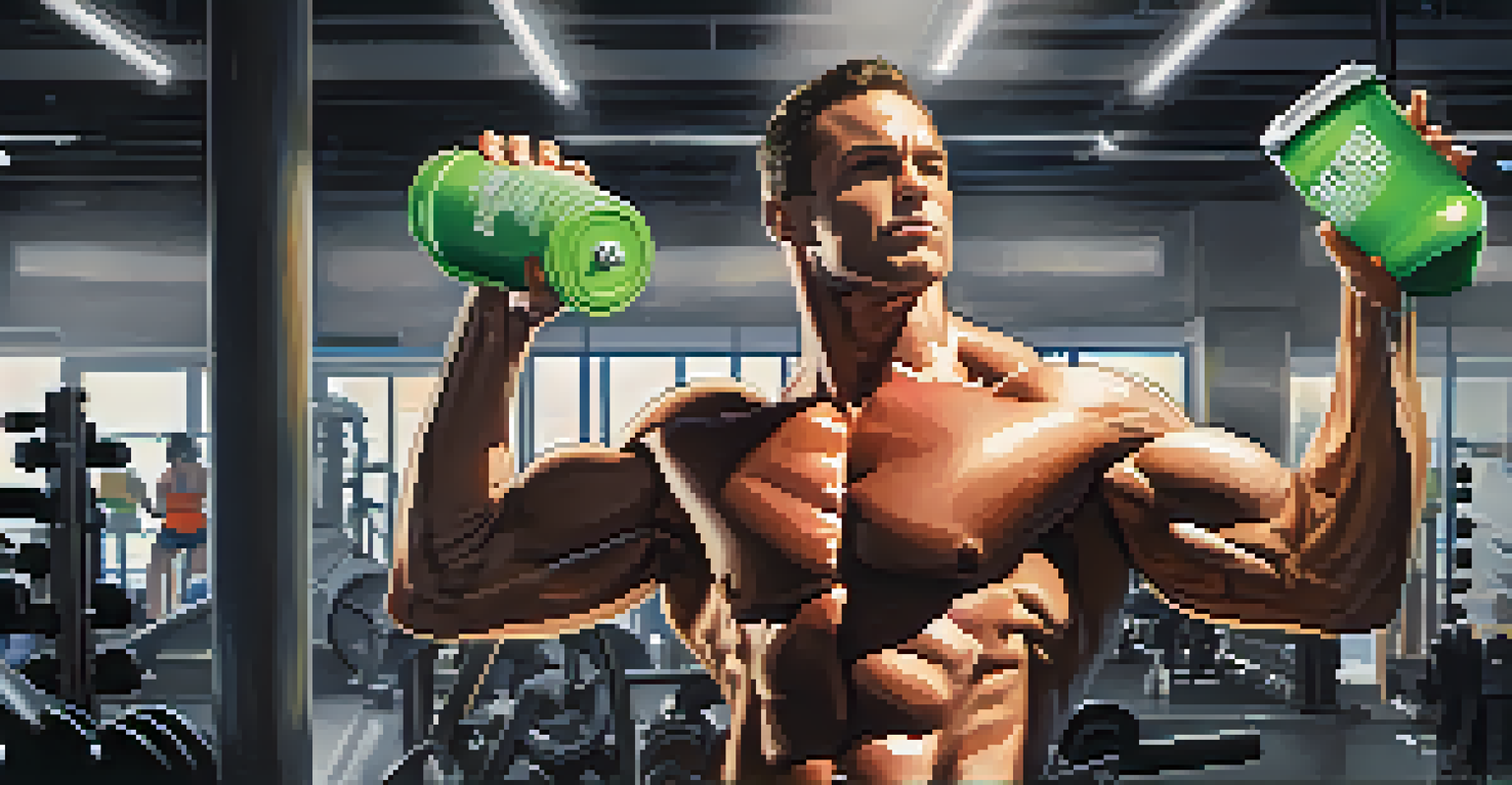 A bodybuilder mixing whey protein in a shaker bottle at the gym with fitness equipment in the background.