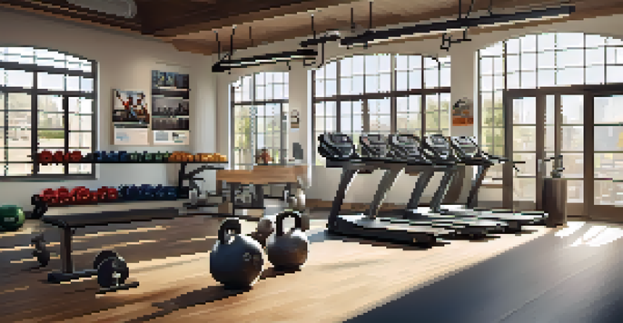 A bright and inviting gym filled with various workout equipment, including kettlebells and resistance bands, illuminated by sunlight from large windows.