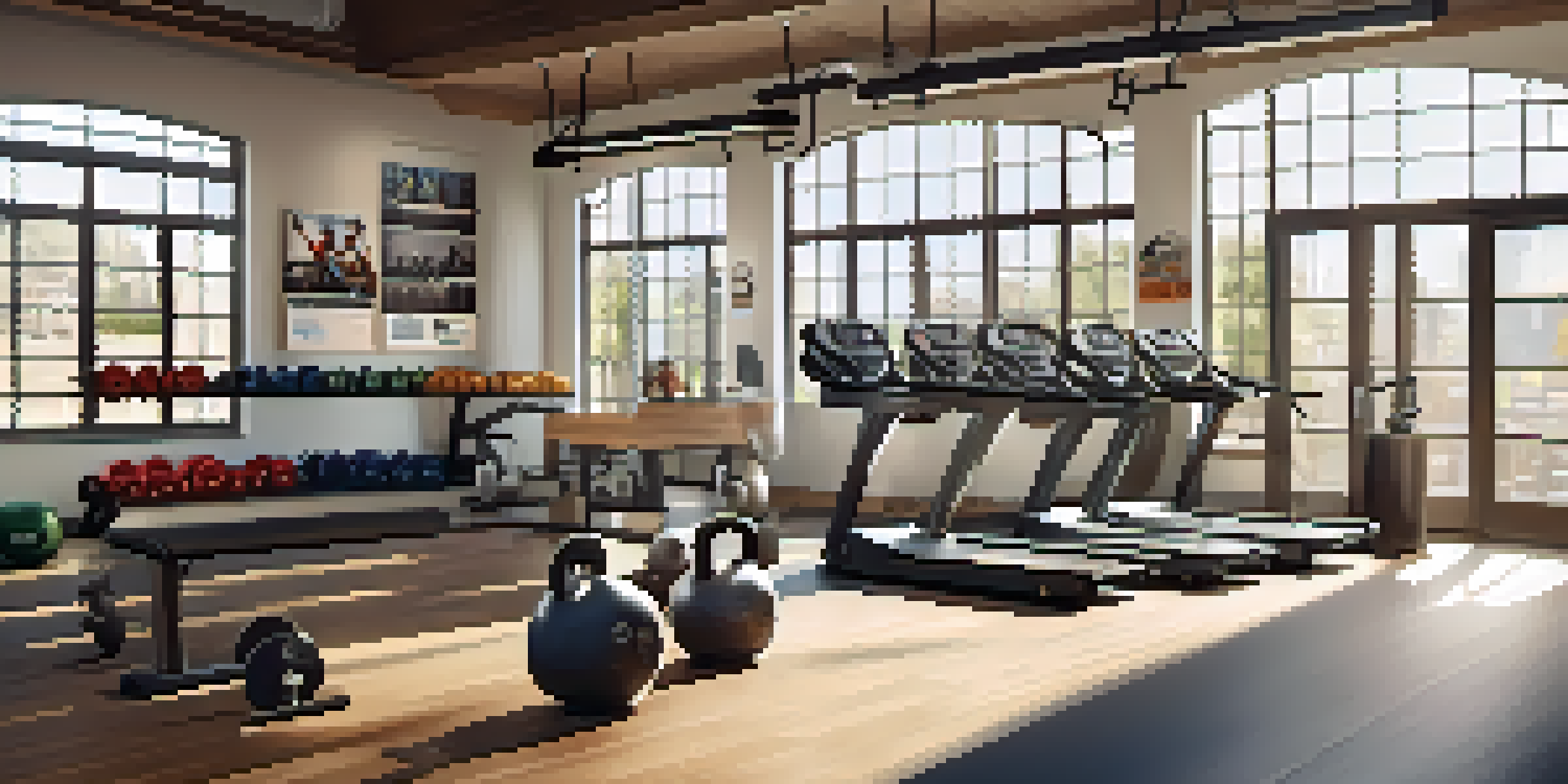 A bright and inviting gym filled with various workout equipment, including kettlebells and resistance bands, illuminated by sunlight from large windows.