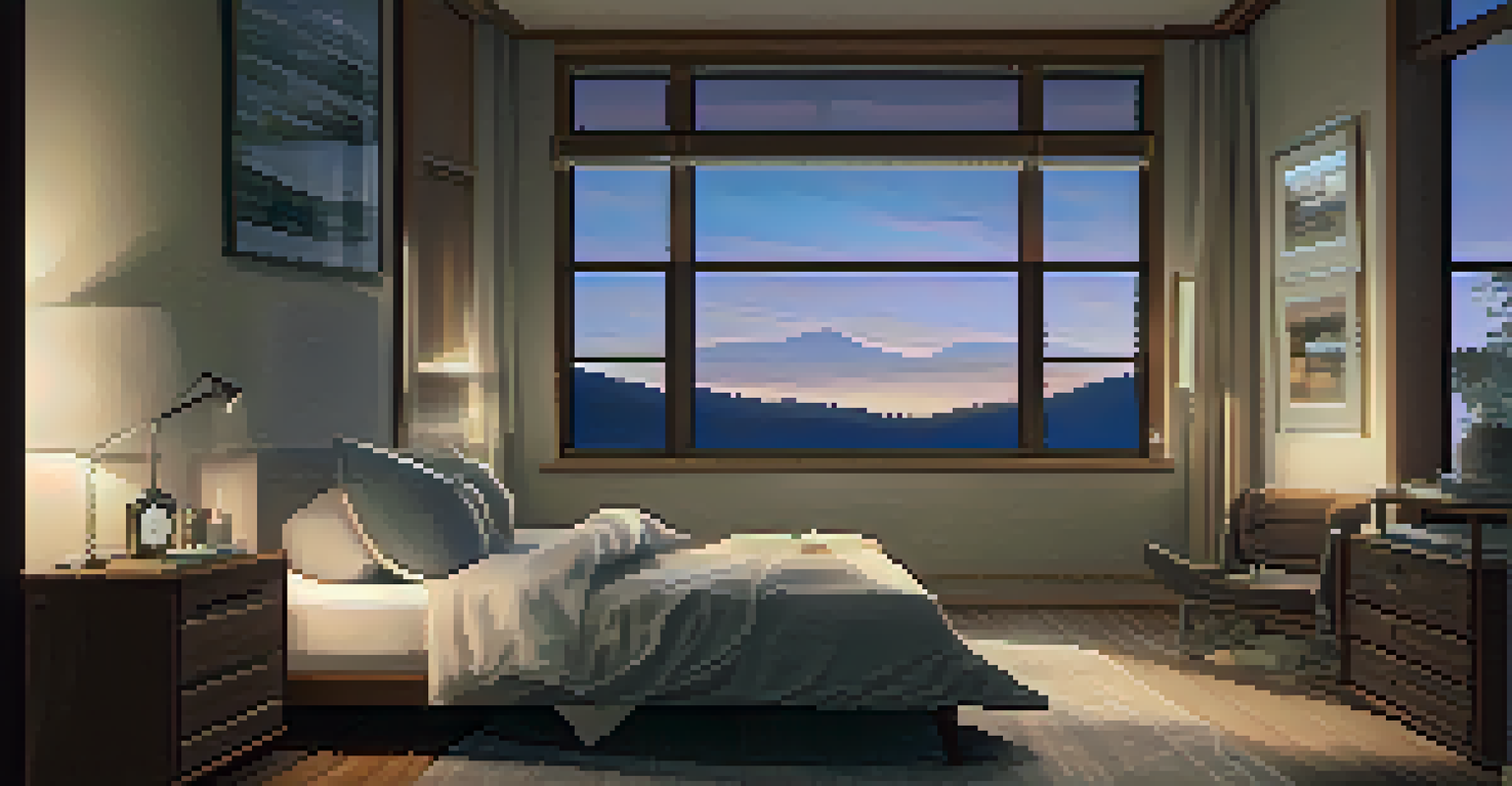 A cozy bedroom with a bed, fitness books on a nightstand, and a peaceful morning sky visible through the window, emphasizing the importance of rest in recovery.