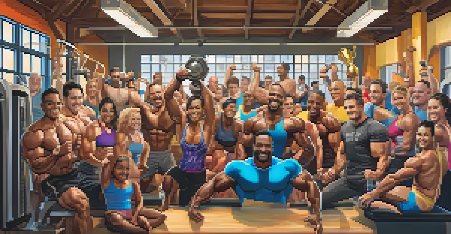 A diverse group of bodybuilders celebrating and supporting each other in a gym.