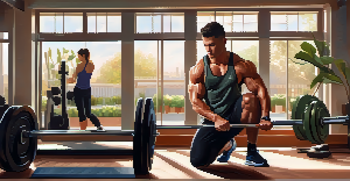 A person lifting weights in a well-lit gym, surrounded by motivational posters and plants, conveying a sense of focus and dedication.