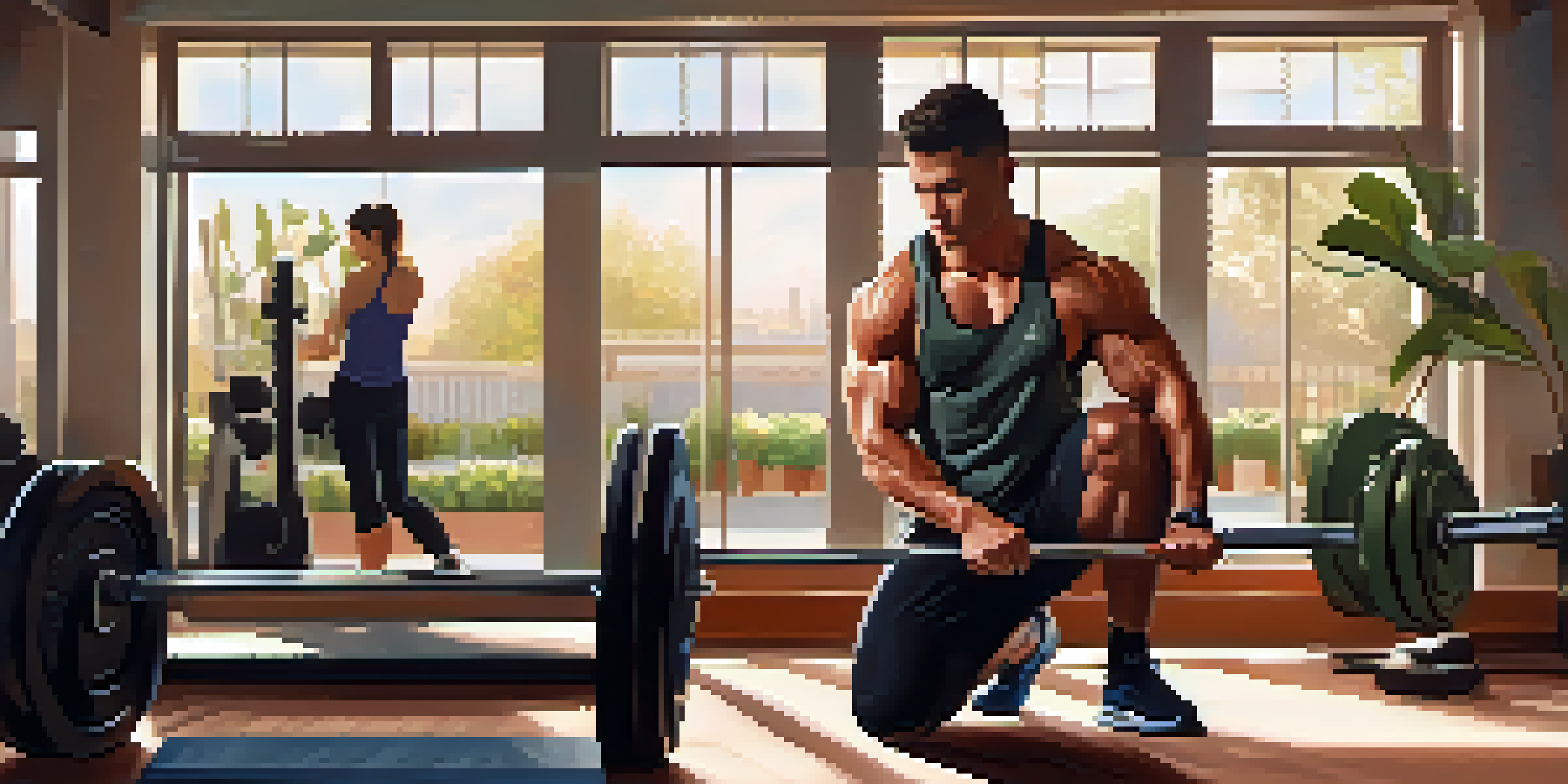 A person lifting weights in a well-lit gym, surrounded by motivational posters and plants, conveying a sense of focus and dedication.