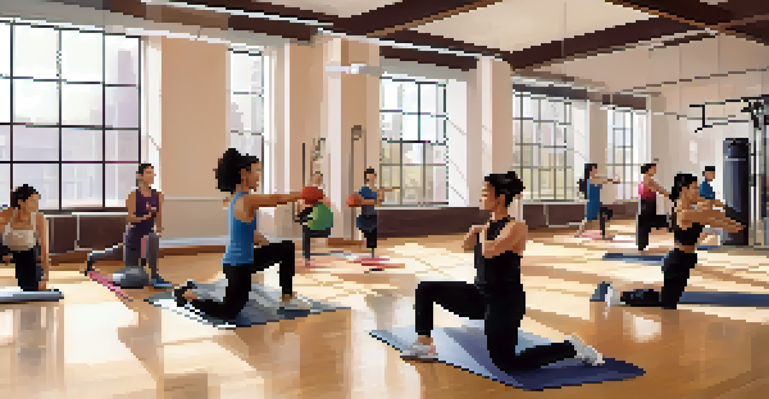 A fitness instructor demonstrating warm-up exercises in a bright indoor gym, with participants following her lead.
