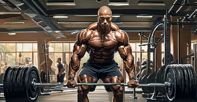 A bodybuilder lifting weights in a gym, showcasing a muscular physique with dramatic lighting.