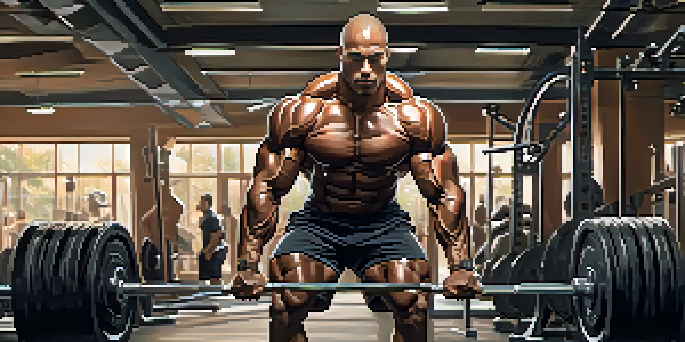A bodybuilder lifting weights in a gym, showcasing a muscular physique with dramatic lighting.