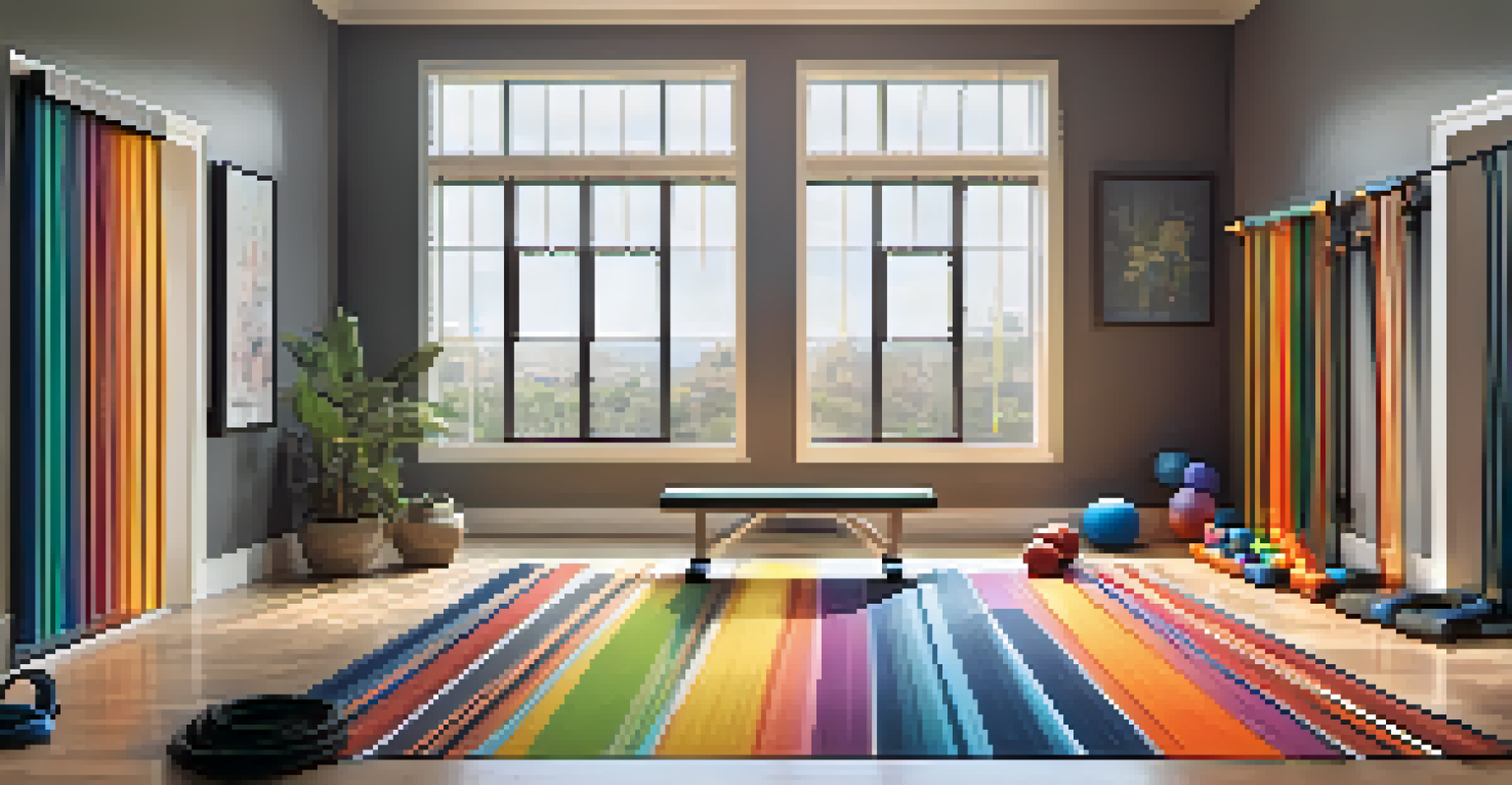 A modern home gym with colorful resistance bands, a sturdy bench, and a pull-up bar in a doorway, all under soft lighting.