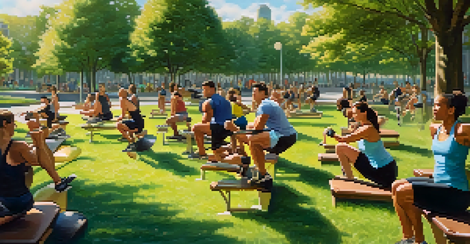 A group of diverse individuals exercising together in a sunny park, showcasing camaraderie and various workout activities.