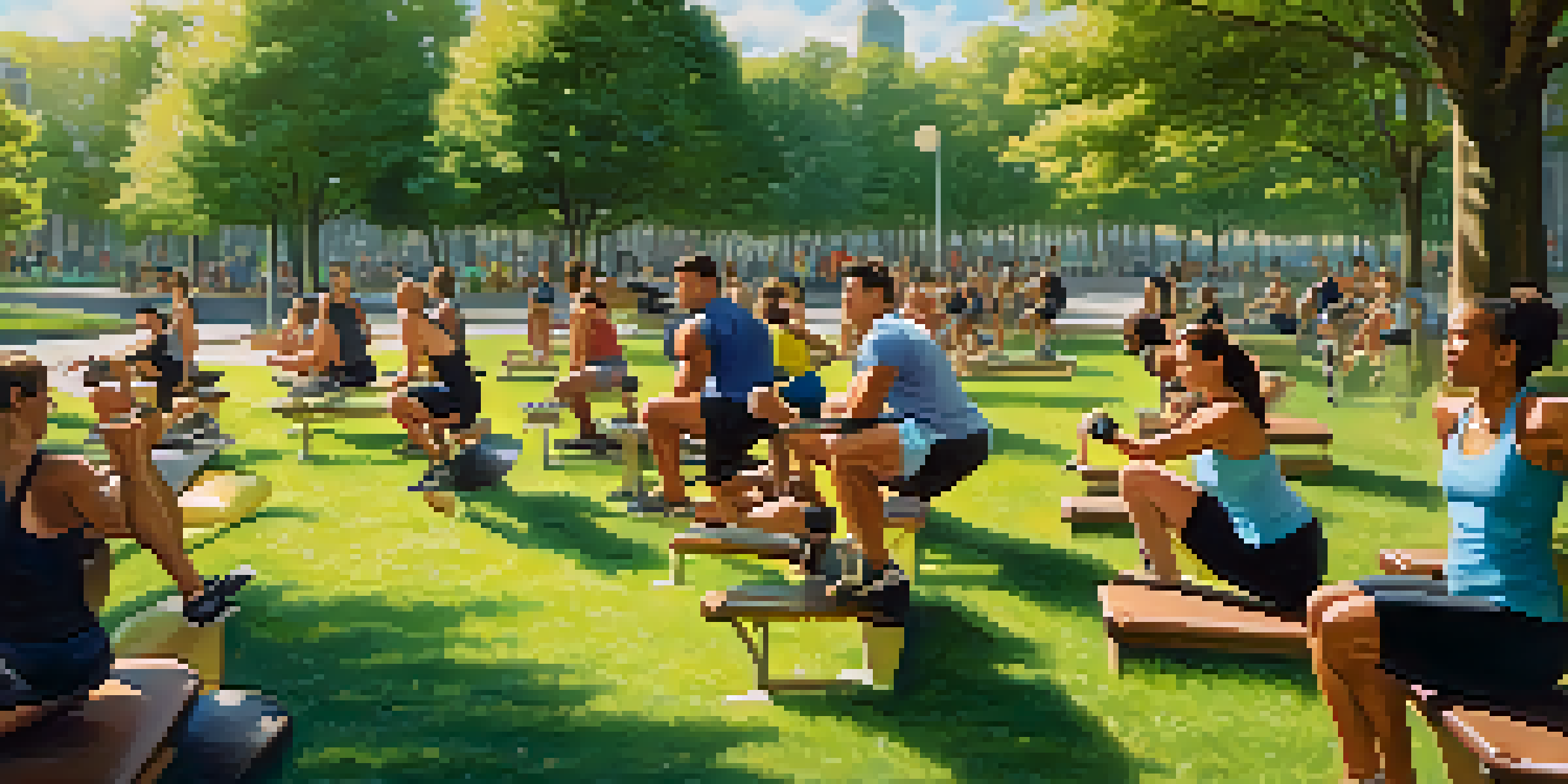 A group of diverse individuals exercising together in a sunny park, showcasing camaraderie and various workout activities.