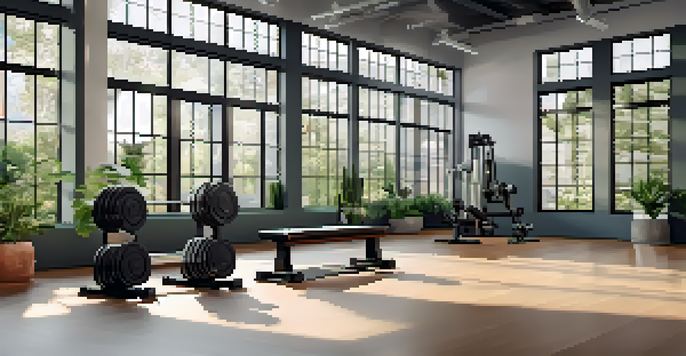 A calm gym environment with natural light, weights on a rack, and a yoga mat, emphasizing rest and recovery in bodybuilding.