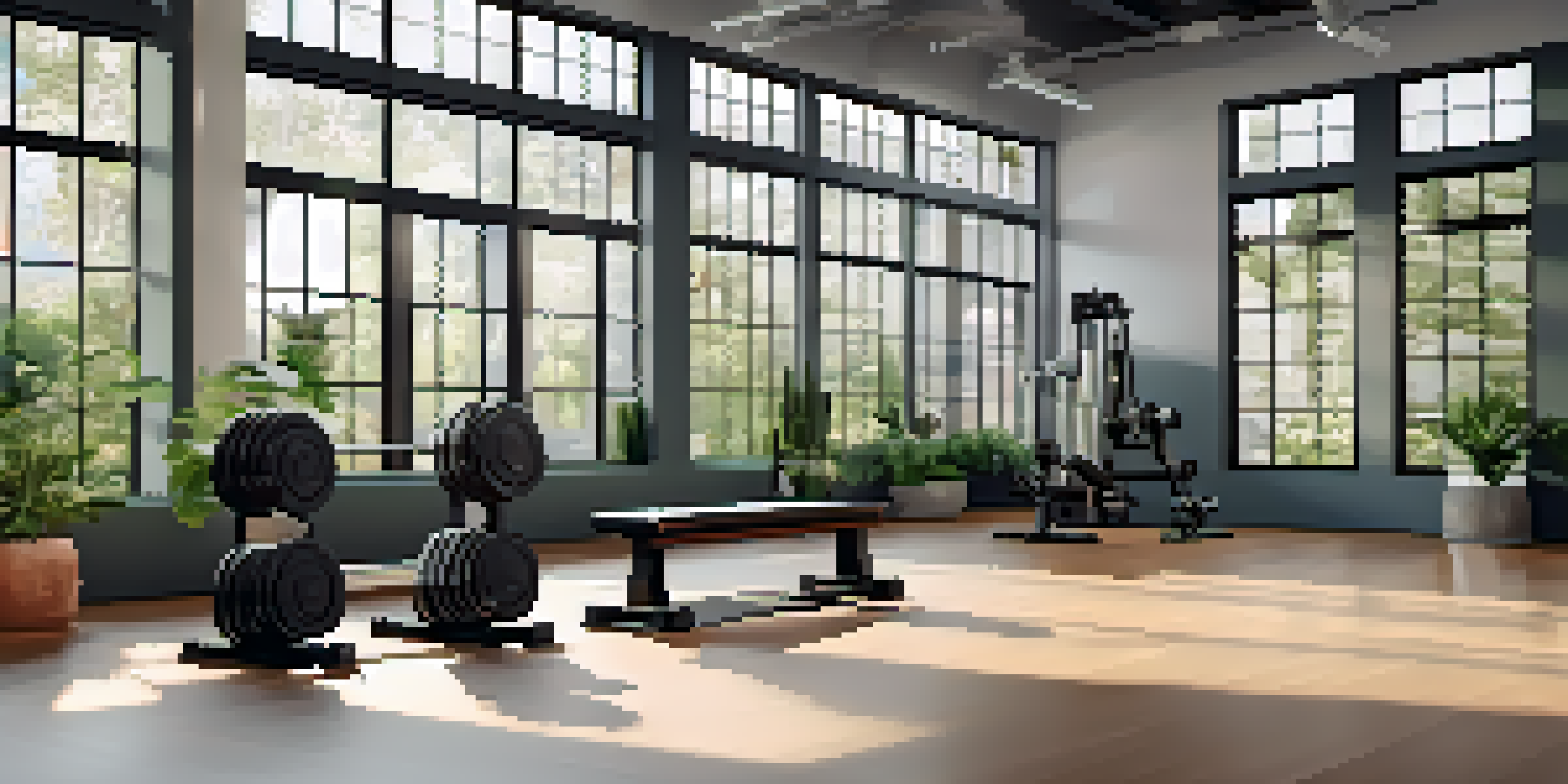 A calm gym environment with natural light, weights on a rack, and a yoga mat, emphasizing rest and recovery in bodybuilding.
