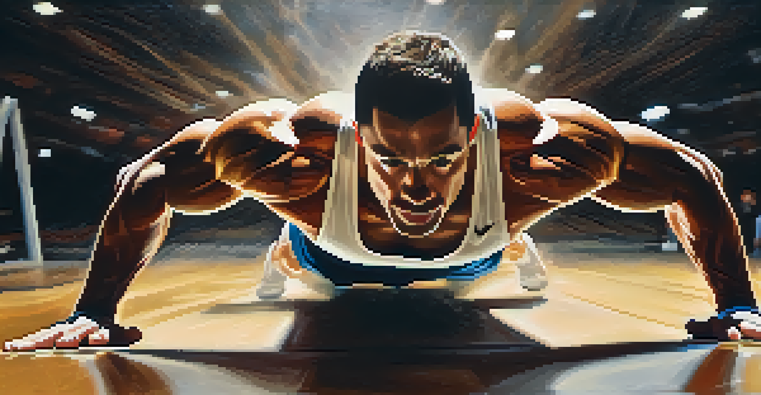 A bodybuilder executing plyometric push-ups, muscles tense and focused.