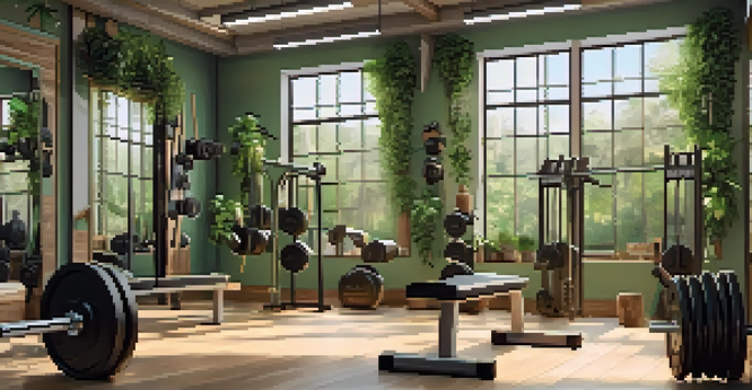A person lifting weights in a calm gym setting with soft lighting and motivational posters.