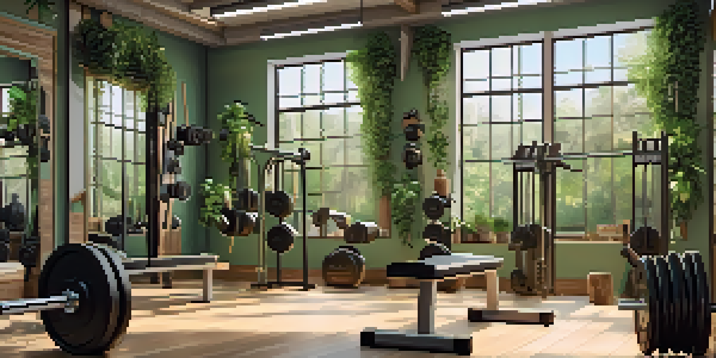 A person lifting weights in a calm gym setting with soft lighting and motivational posters.