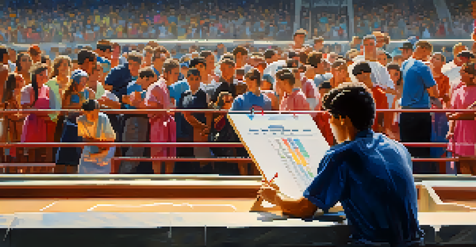 A competitor in a bright venue reviewing their competition schedule, with a focused expression and a large competition banner in the background.