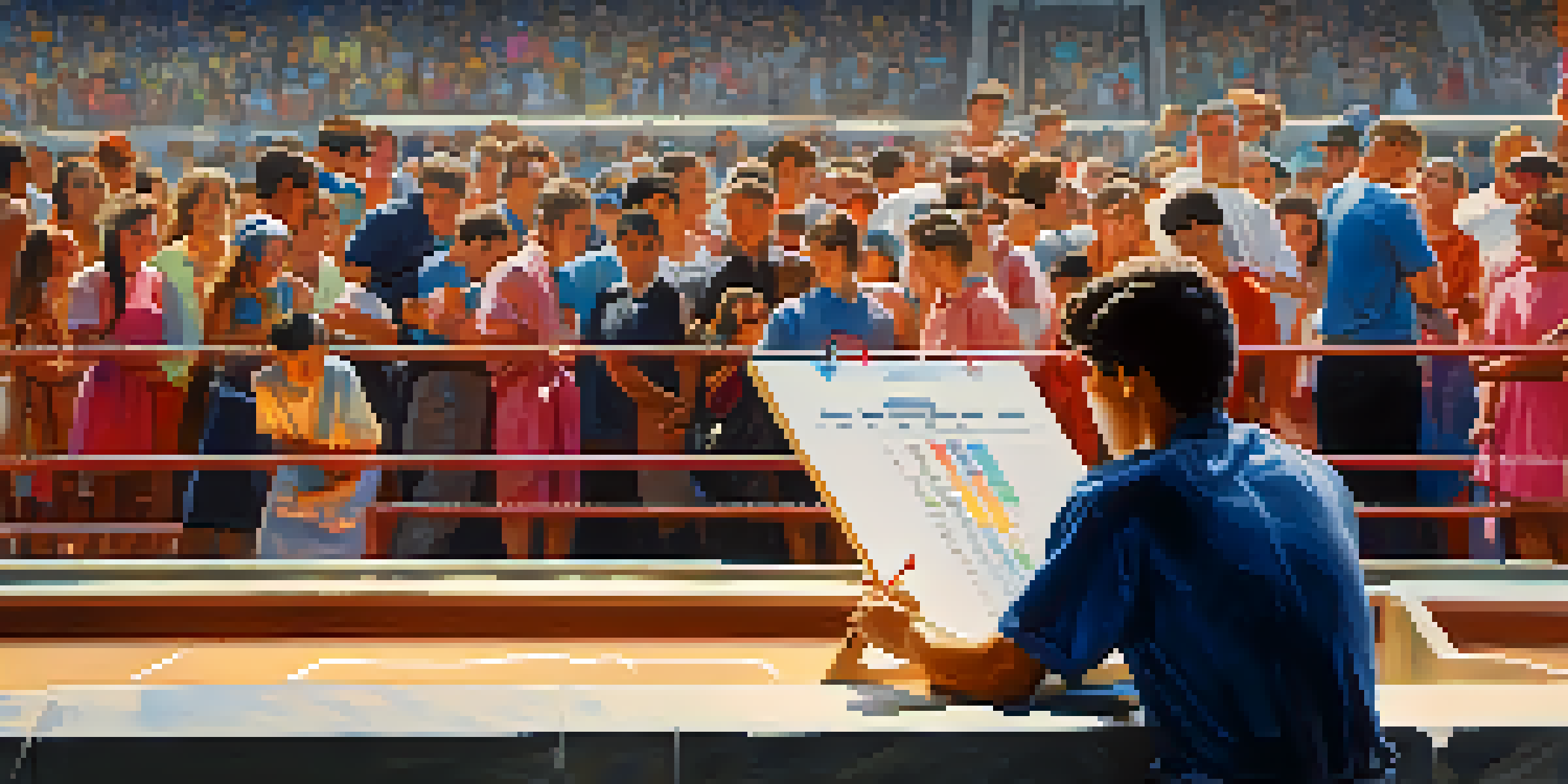 A competitor in a bright venue reviewing their competition schedule, with a focused expression and a large competition banner in the background.