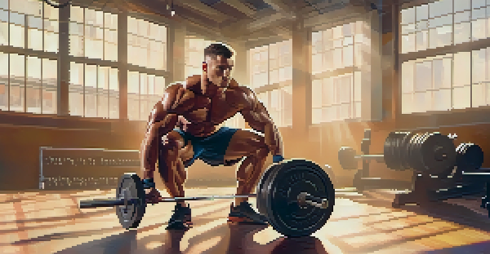 A bodybuilder lifting weights in a sunny gym, showcasing determination and strength.
