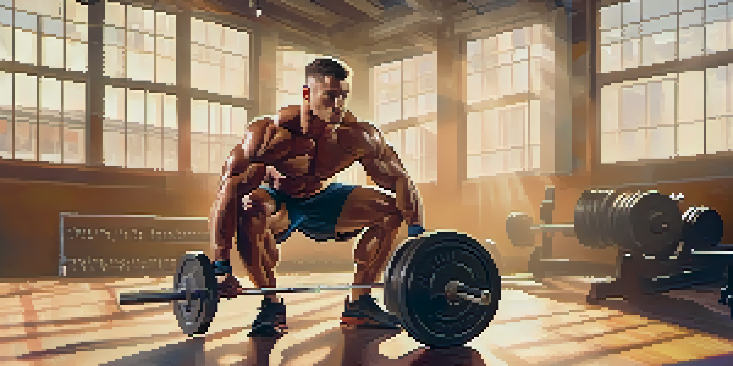 A bodybuilder lifting weights in a sunny gym, showcasing determination and strength.