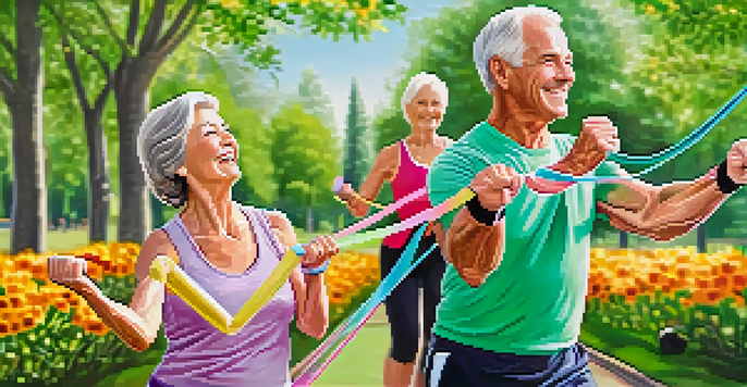 An elderly couple exercising with resistance bands in a bright park filled with flowers and trees, looking happy and healthy.