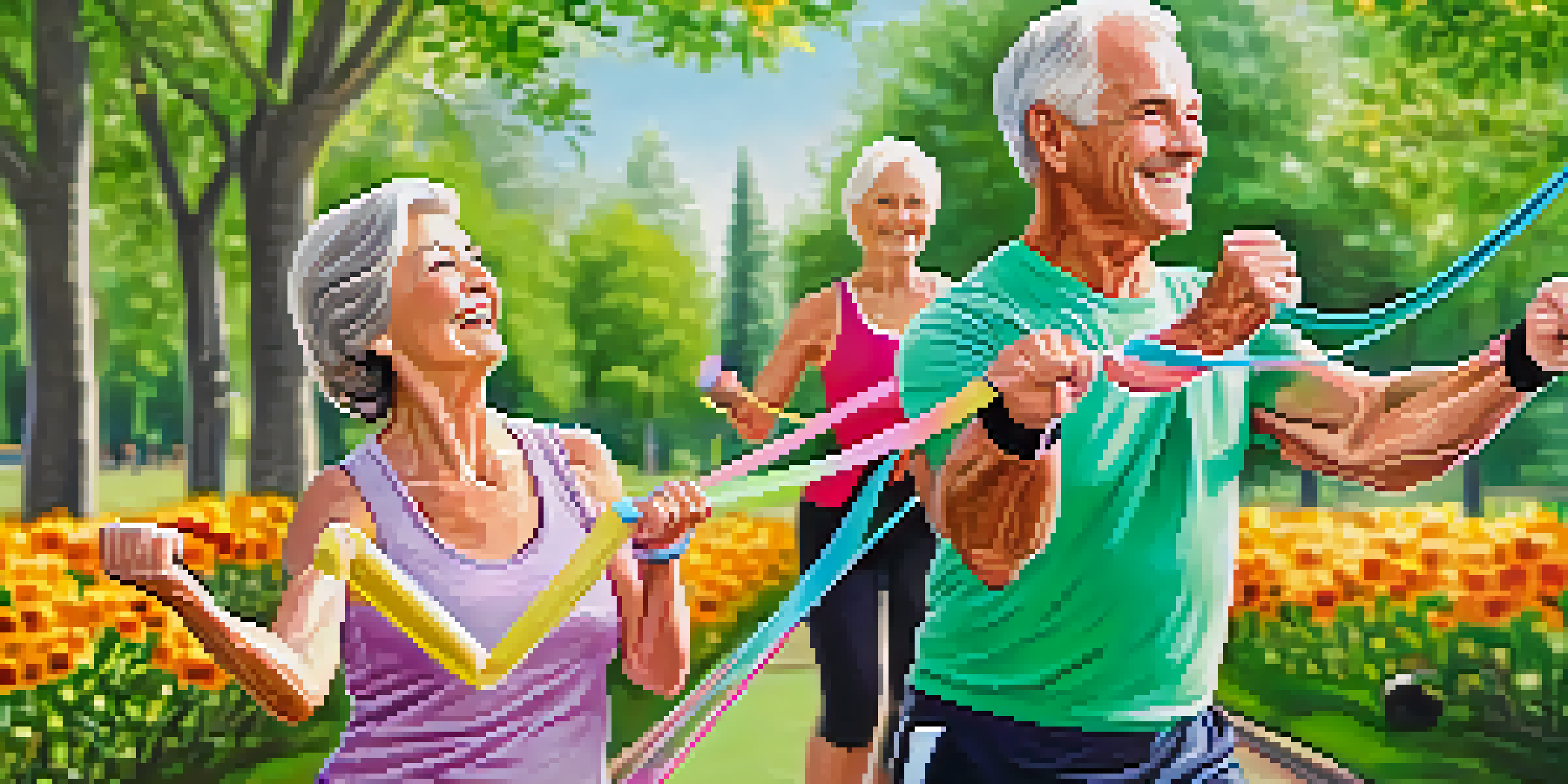 An elderly couple exercising with resistance bands in a bright park filled with flowers and trees, looking happy and healthy.