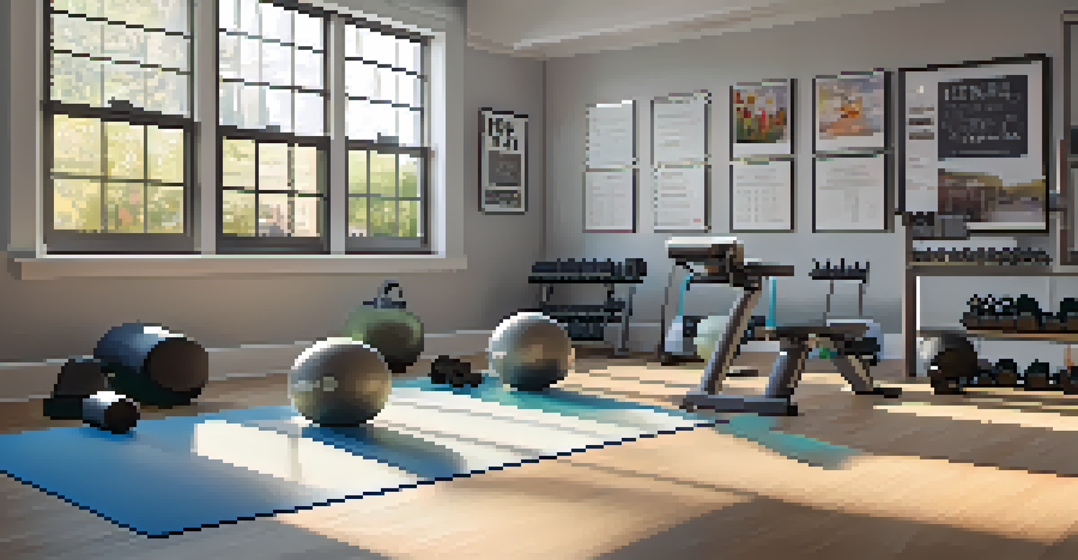 A personal training studio with exercise equipment, a nutrition planning board, and sunlight streaming through windows.