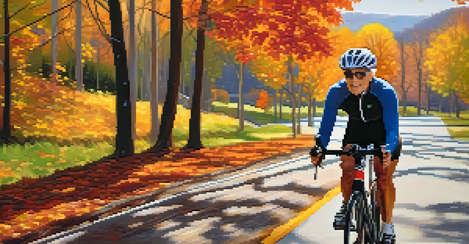 An older female bodybuilder cycling outdoors on a scenic path, surrounded by colorful autumn trees, with a focused expression.
