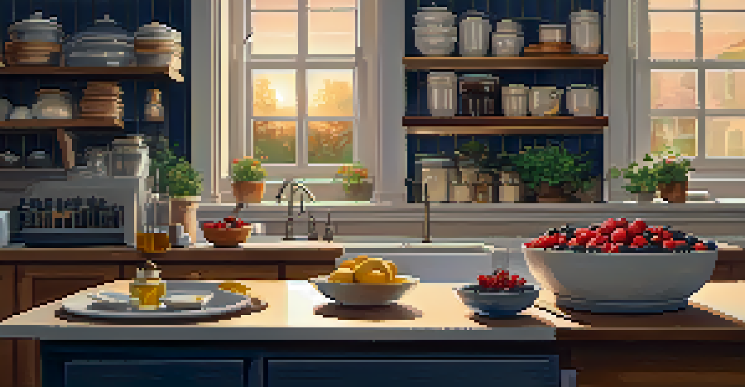 A bowl of oatmeal with berries and honey in a softly lit kitchen, surrounded by healthy ingredients.