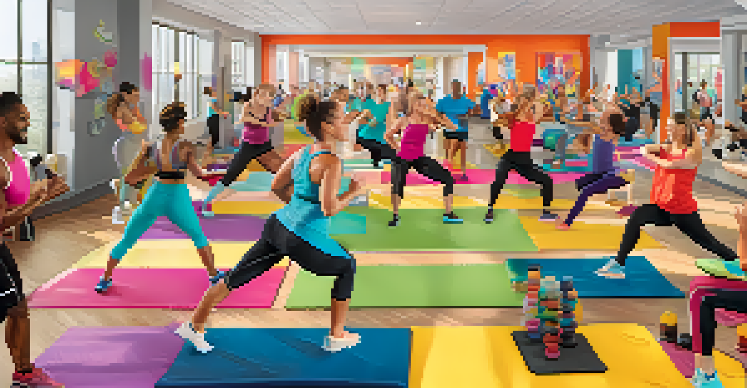 A charity workout event with different fitness stations, showcasing participants of various fitness levels enjoying their activities.