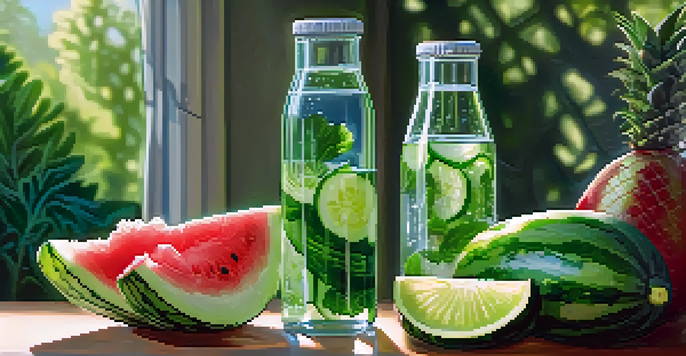 A glass bottle filled with water surrounded by fresh green fruits and vegetables, with sunlight illuminating the scene.