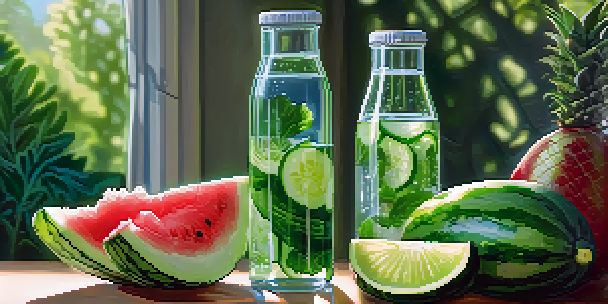 A glass bottle filled with water surrounded by fresh green fruits and vegetables, with sunlight illuminating the scene.