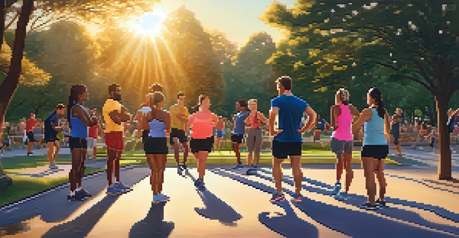 A diverse group of people exercising together in a park during sunset, showcasing camaraderie.