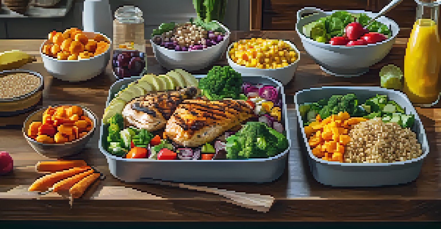 A colorful meal prep display with grilled chicken, vegetables, quinoa, and fruits on a wooden table, illuminated by warm overhead lighting.