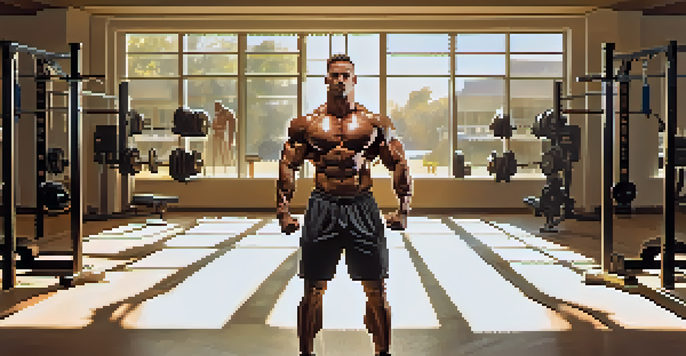 A bodybuilder posing in a sunlit gym, highlighting a well-defined and symmetrical physique with gym equipment in the background.