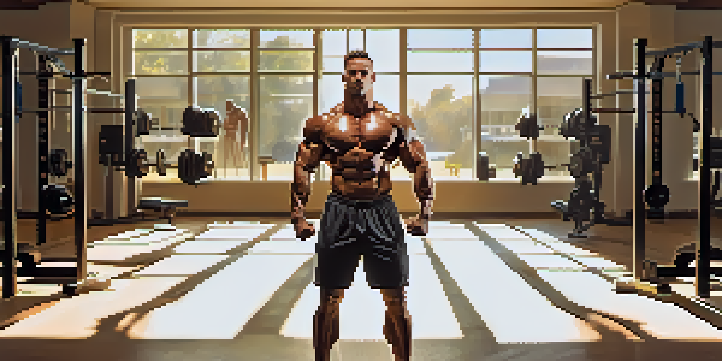 A bodybuilder posing in a sunlit gym, highlighting a well-defined and symmetrical physique with gym equipment in the background.