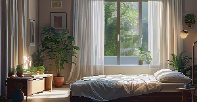 A peaceful bedroom with a person sleeping in a cozy bed, morning light coming through curtains, and plants in the background.