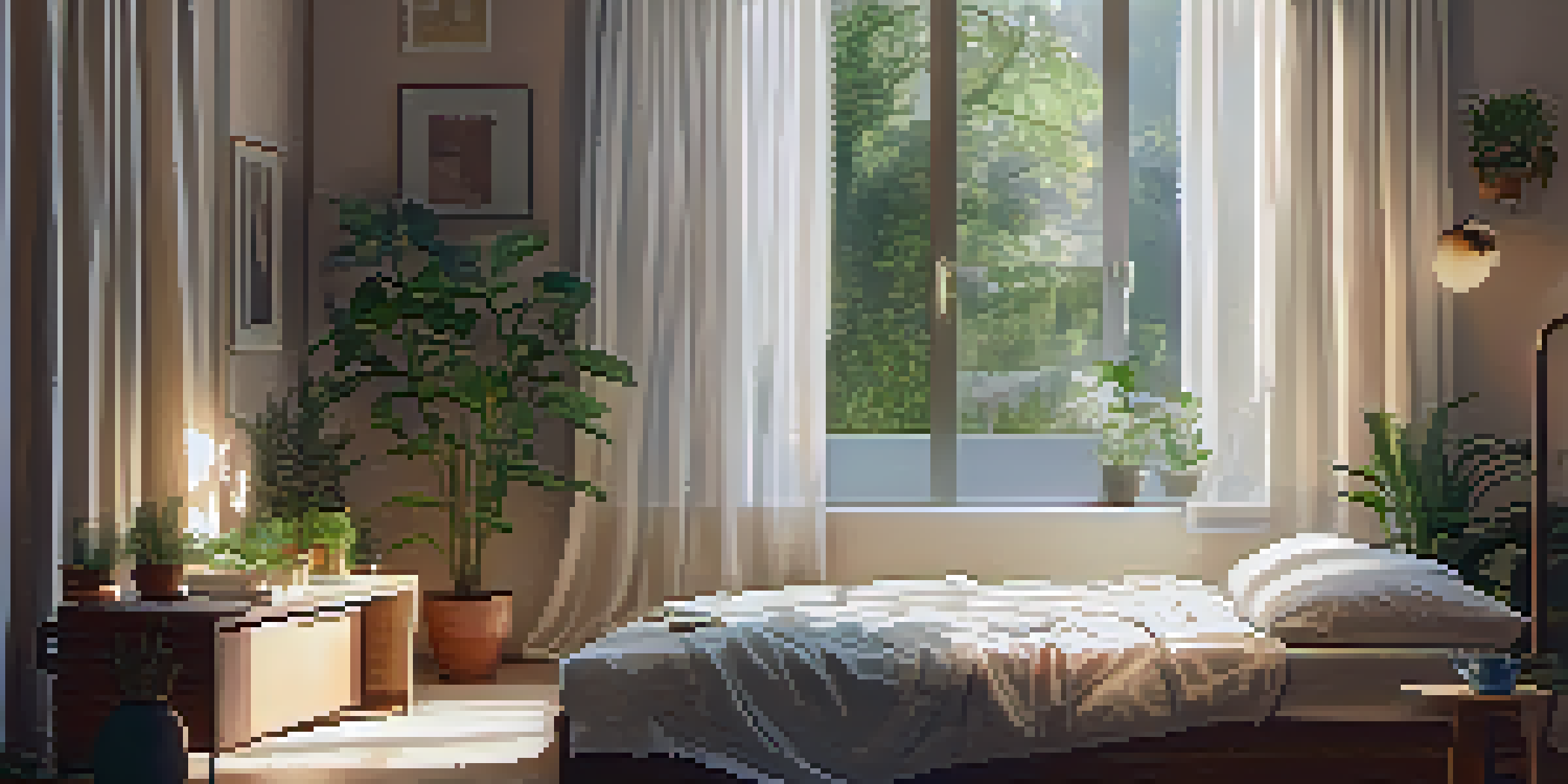 A peaceful bedroom with a person sleeping in a cozy bed, morning light coming through curtains, and plants in the background.