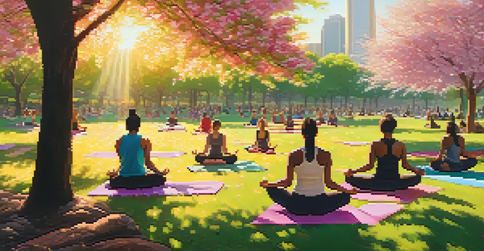 A diverse group of people doing yoga in a city park surrounded by blooming cherry blossom trees and skyscrapers, illuminated by warm sunlight.