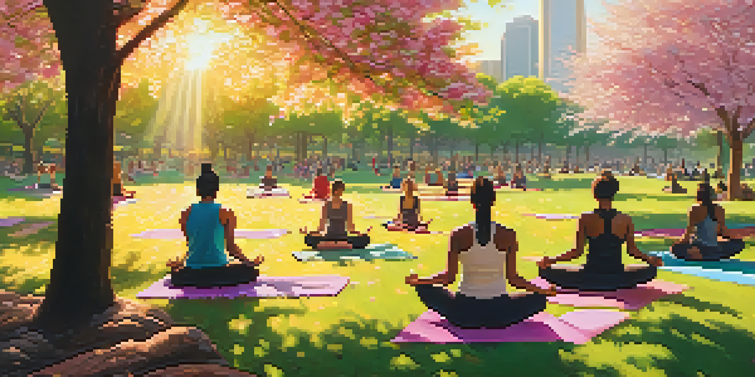 A diverse group of people doing yoga in a city park surrounded by blooming cherry blossom trees and skyscrapers, illuminated by warm sunlight.