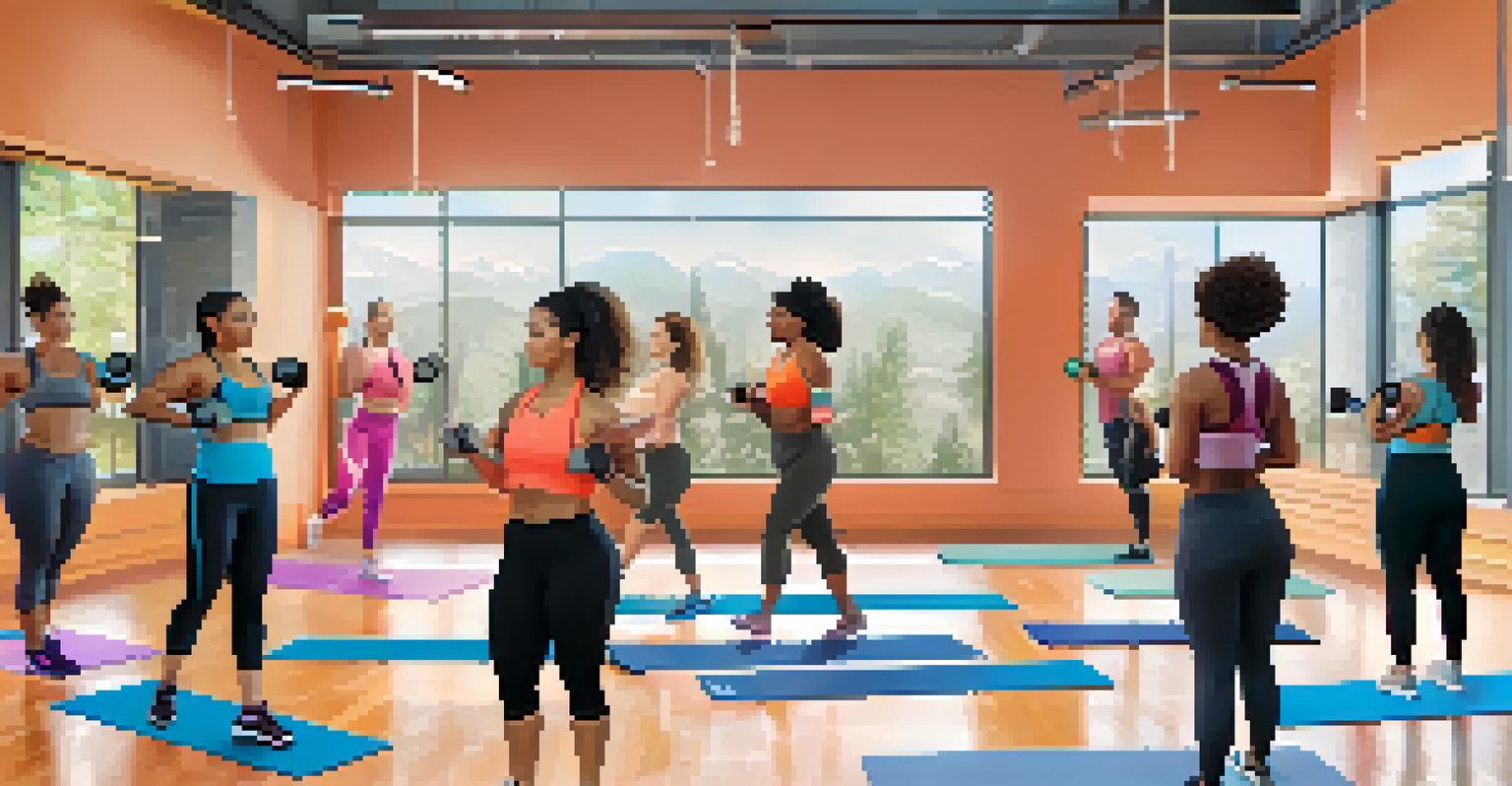 A virtual fitness class featuring diverse participants performing exercises in a grid layout on screens, highlighting inclusivity and community in online training.