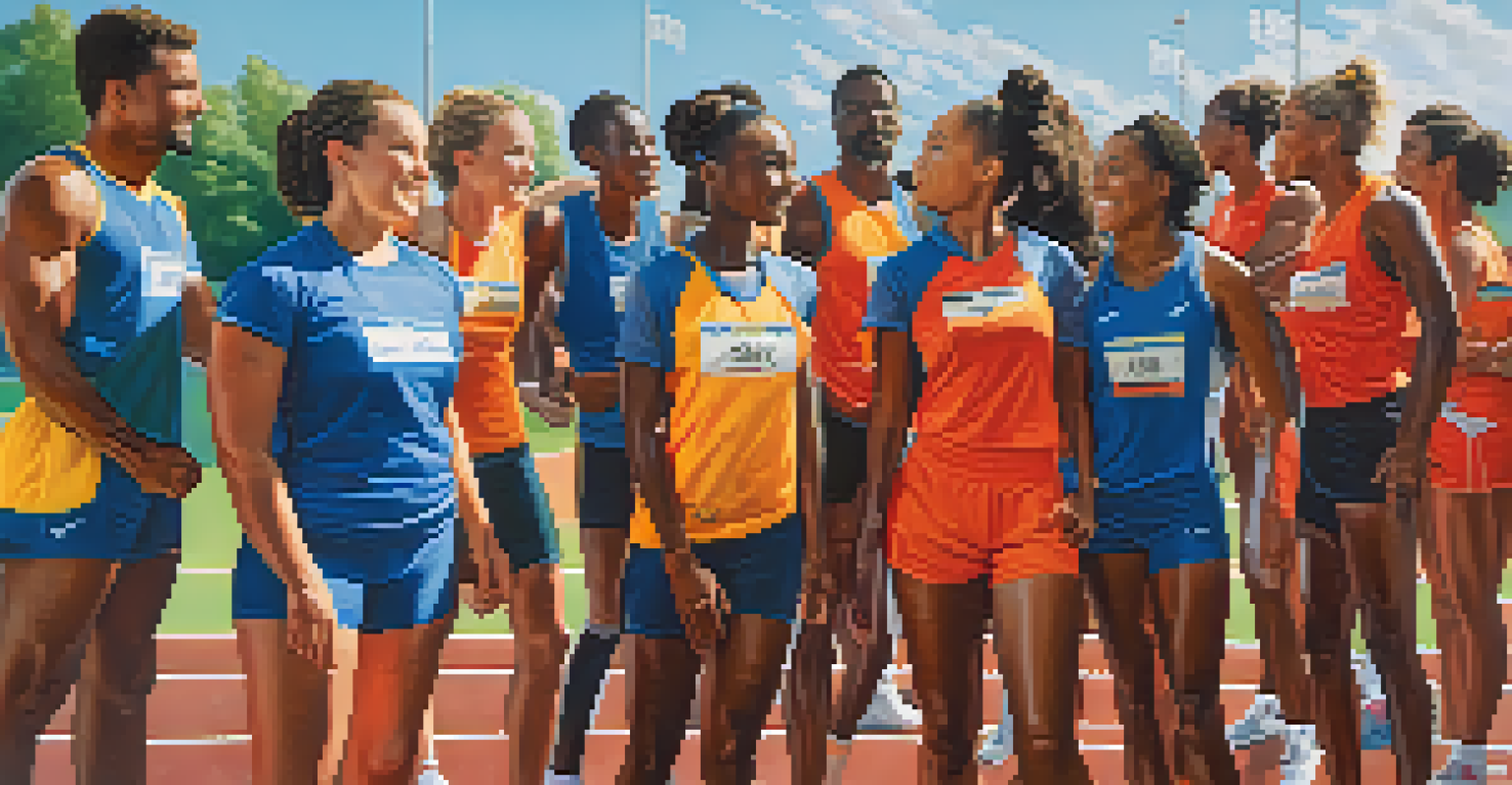 A diverse group of athletes training together on a track field, sharing encouragement and support.