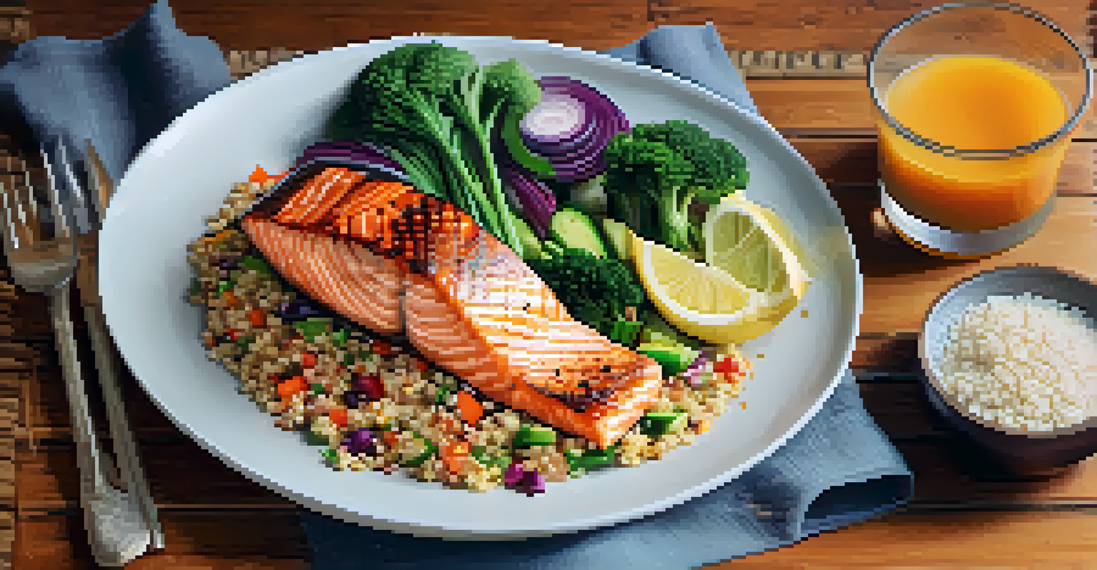 A nutritious meal with grilled salmon, quinoa, and vegetables on a wooden table.