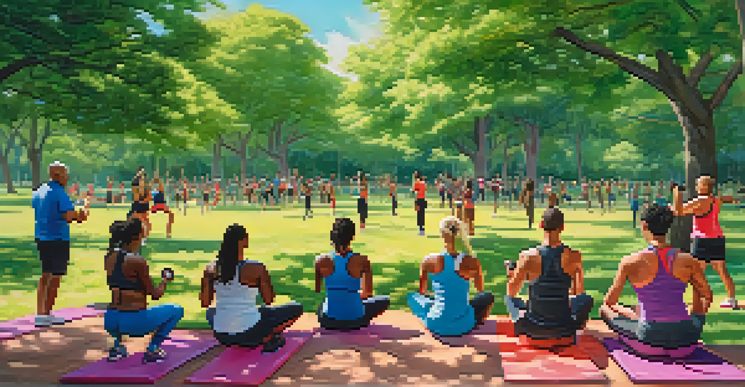 A diverse group of individuals exercising in a park, with one person motivating others amidst green trees and a blue sky.