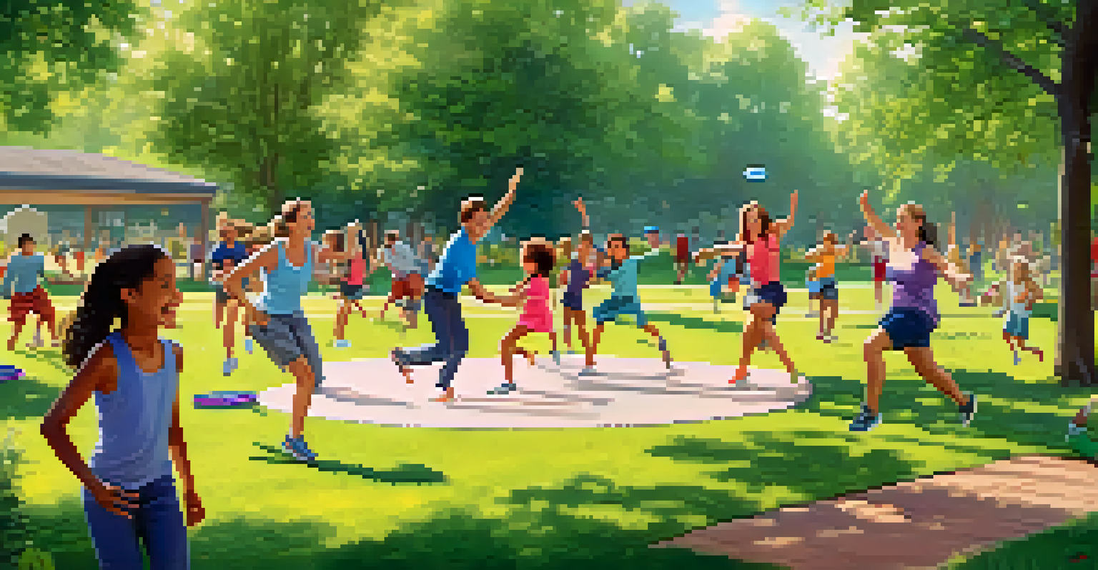 A family enjoying an outdoor workout in a park, playing games like frisbee and jumping jacks with laughter.
