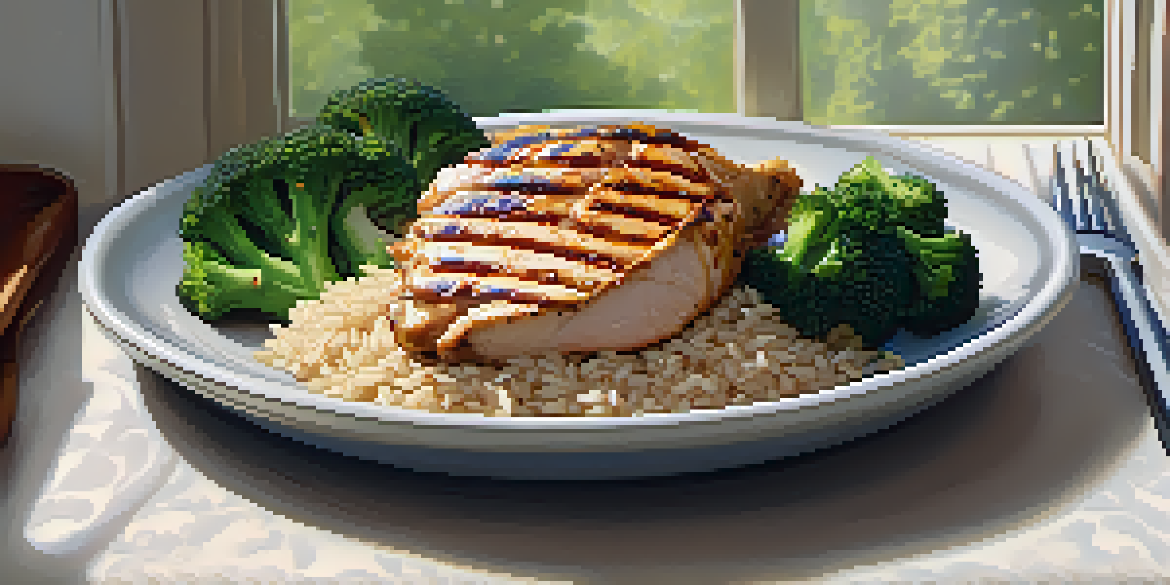 A close-up of a balanced meal with grilled chicken, broccoli, and brown rice in natural light.