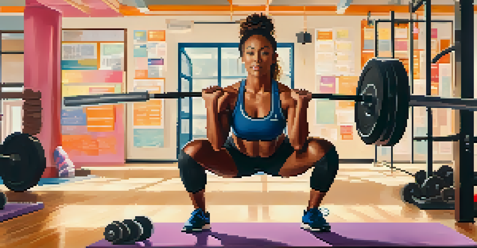 A woman lifting weights in a supportive gym environment, with motivational posters celebrating body positivity.