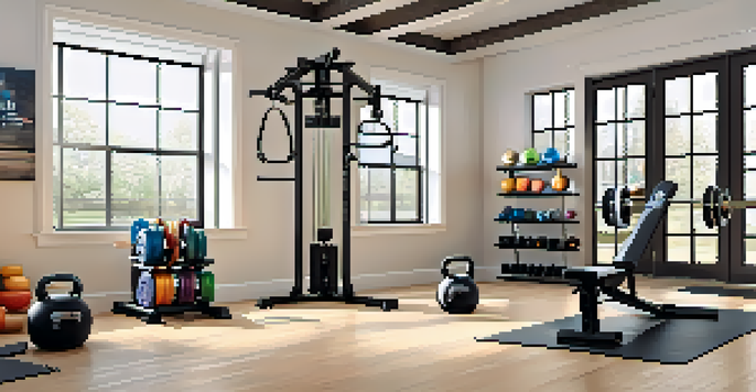A spacious home gym with dumbbells, resistance bands, kettlebells, and a motivational quote on the wall, illuminated by natural light.